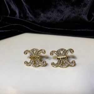 Celine Gold Crystal Double-C Logo Stud Earrings
